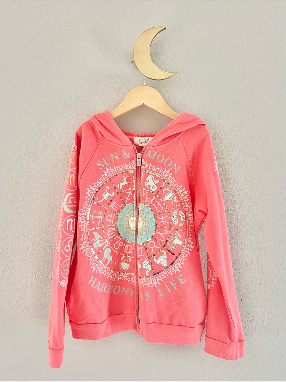 Peek Kids Coral Zip Hoodie with Sun & Moon Zodiac Graphic